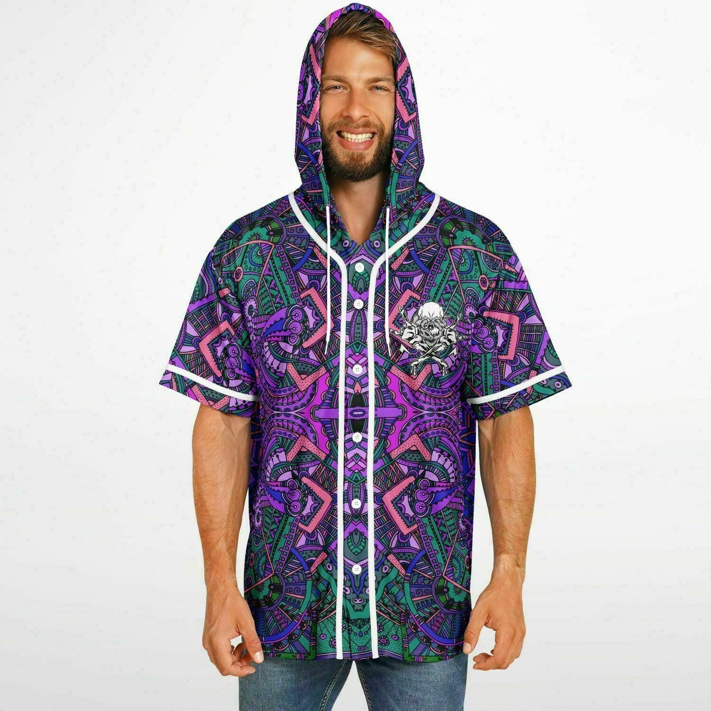 Purple Kaleidoscopic Aztec Rave Hooded Baseball Jersey