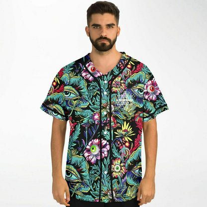 LSDREAM Black Psychedelic Floral Rave Baseball Jersey