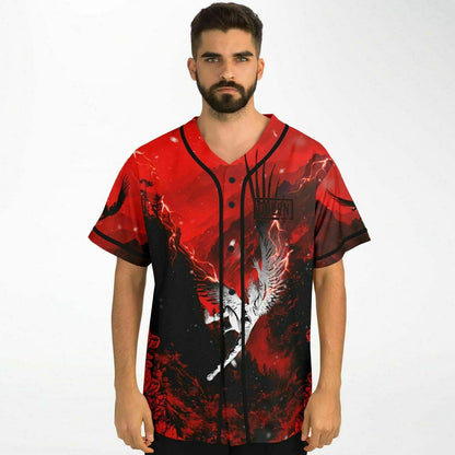 Bright Red Crowned Skeleton Rave Baseball Jersey