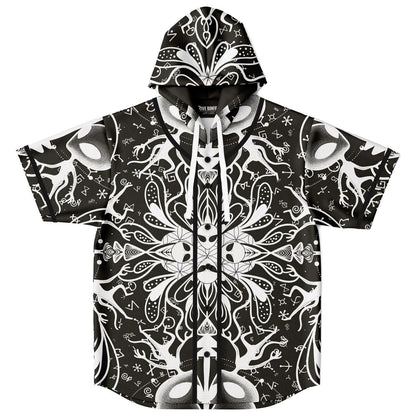 Black White Symmetrical Psychedelic Rave Hooded Baseball Jersey