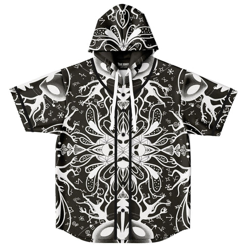 Black White Symmetrical Psychedelic Rave Hooded Baseball Jersey