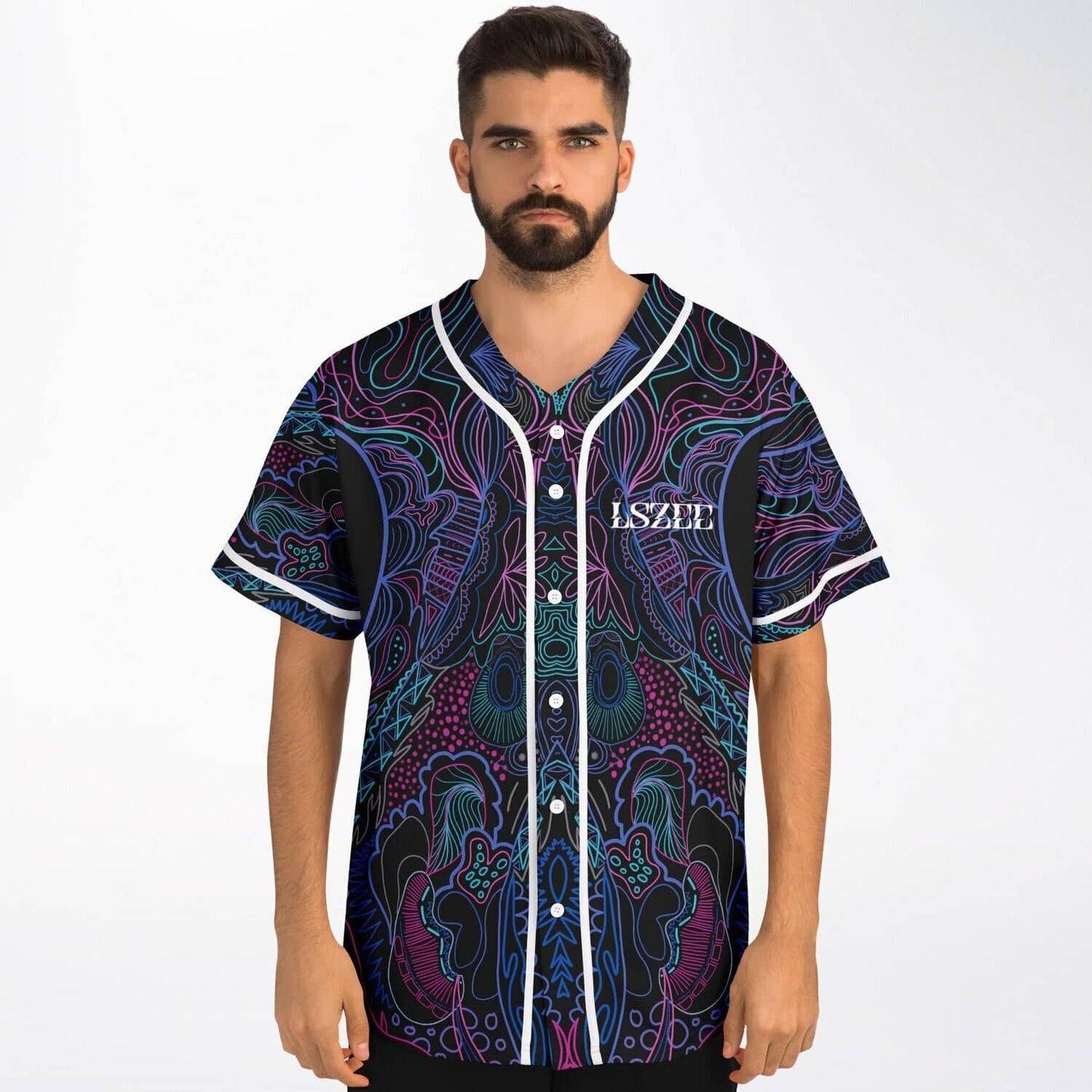 LSZEE Black Symmetrical Psychedelic Rave Baseball Jersey