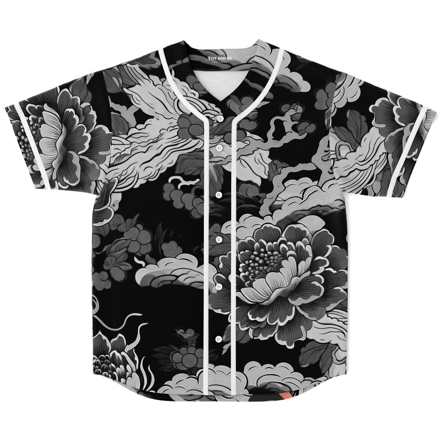 Black Grayscale Japanese Peonies Rave Baseball Jersey