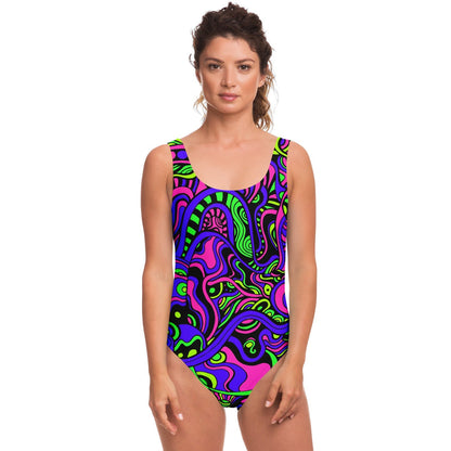 Neon Purple Swirling Liquid Rave Swimsuit
