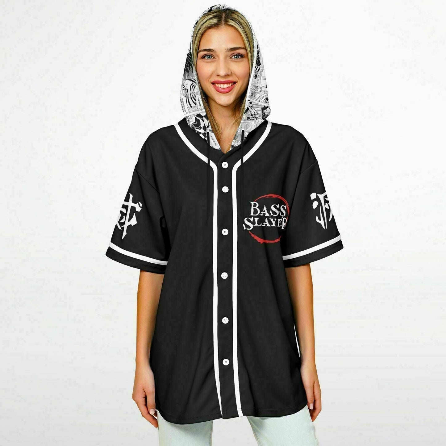 Black Demon Slayer Rave Hooded Baseball Jersey