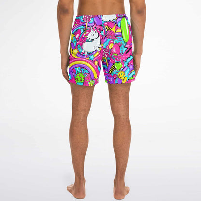 Hot Pink Cartoon Unicorn Rave Swim Trunks
