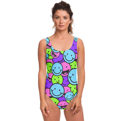 Bright Neon Repeating Smiley Rave Swimsuit