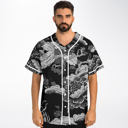 Black Grayscale Japanese Peonies Rave Baseball Jersey