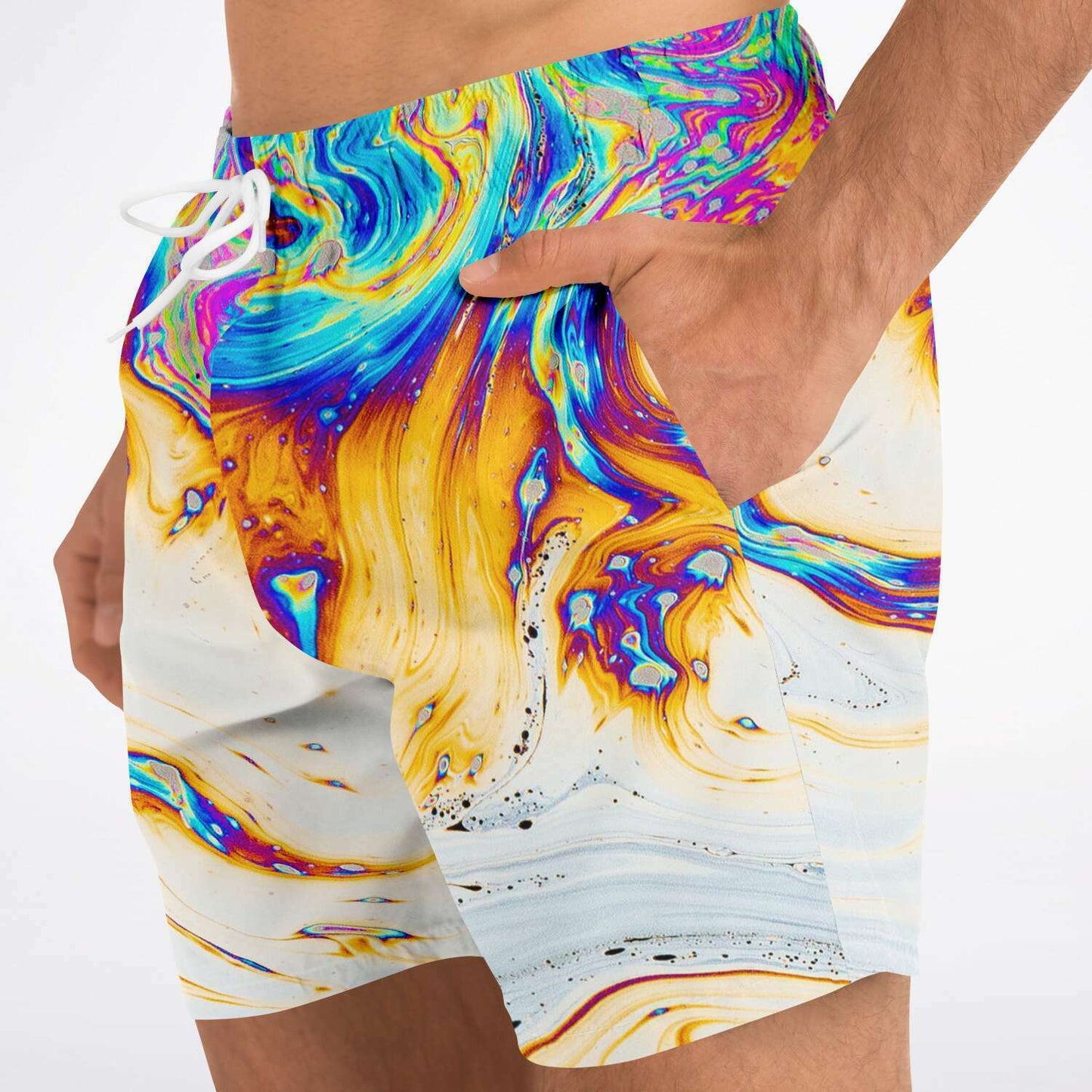 White Marbled Soap Rave Swim Trunks