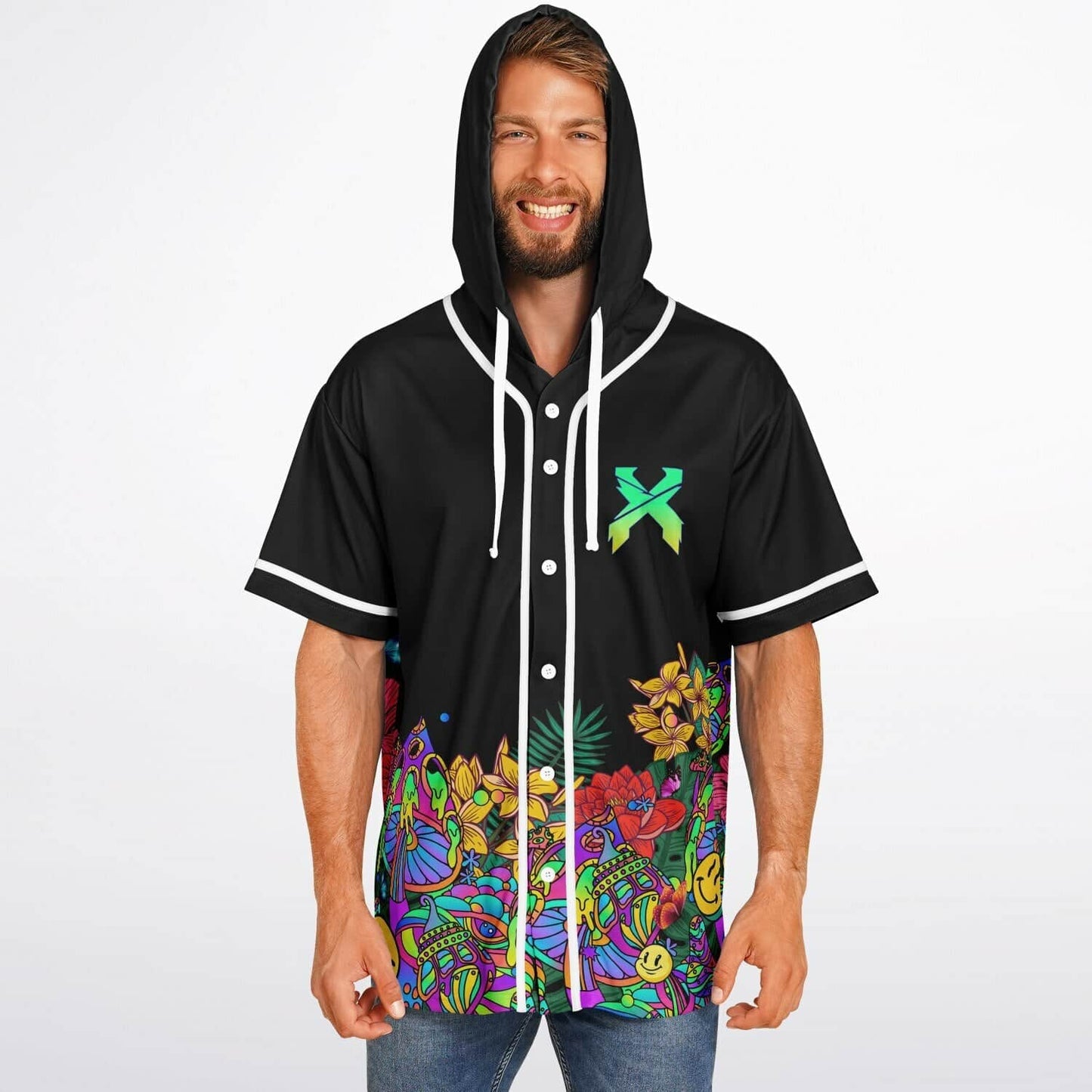 Excision Black Psychedelic Garden Rave Hooded Baseball Jersey