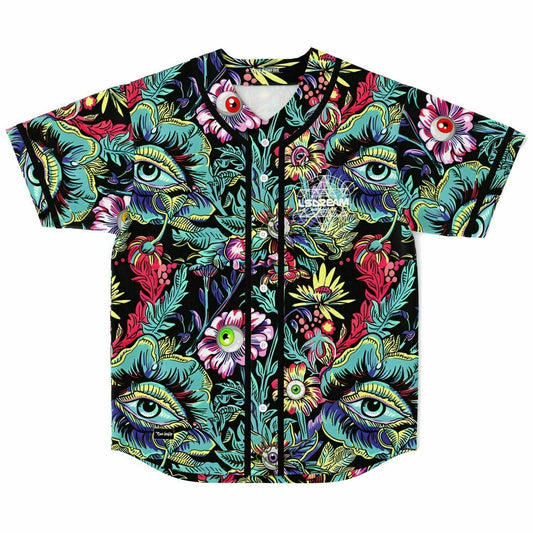 LSDREAM Black Psychedelic Floral Rave Baseball Jersey