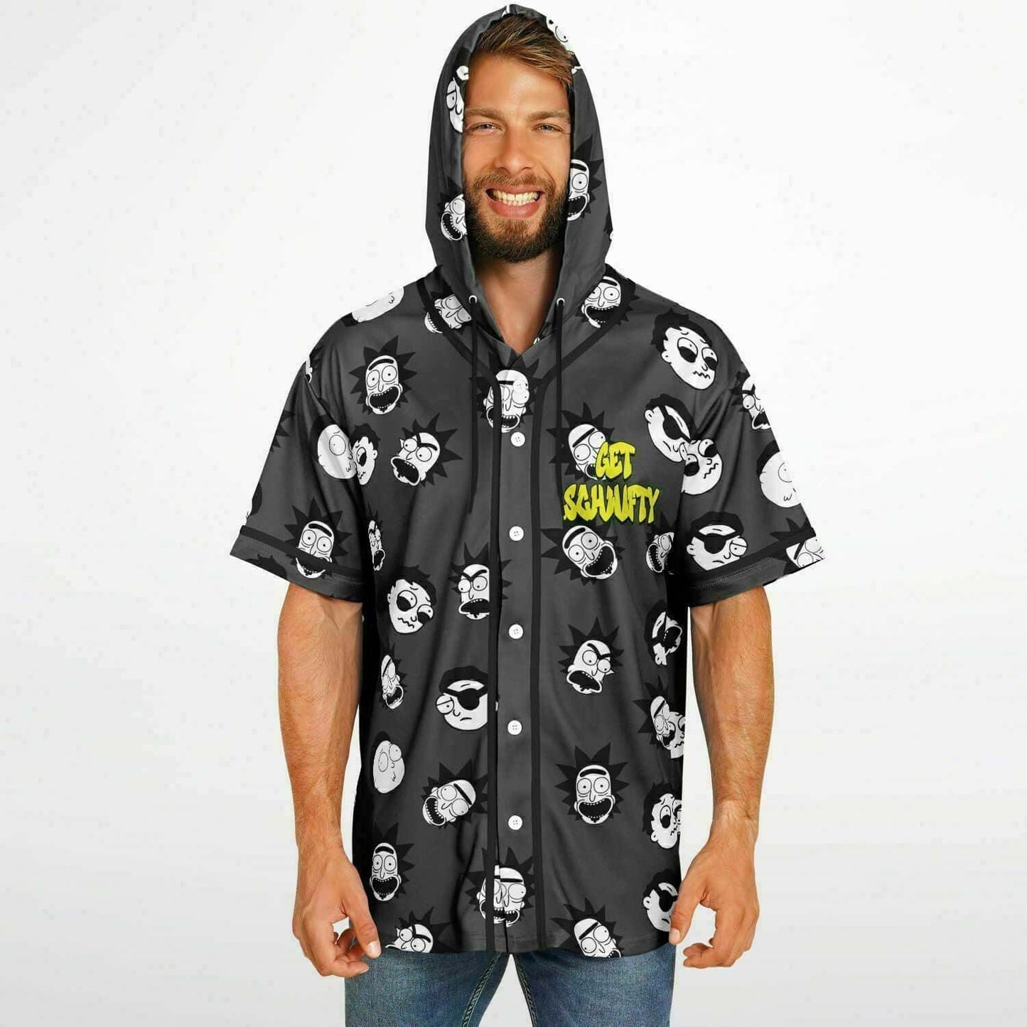 Charcoal Grey Repeating Cartoon Rave Hooded Baseball Jersey