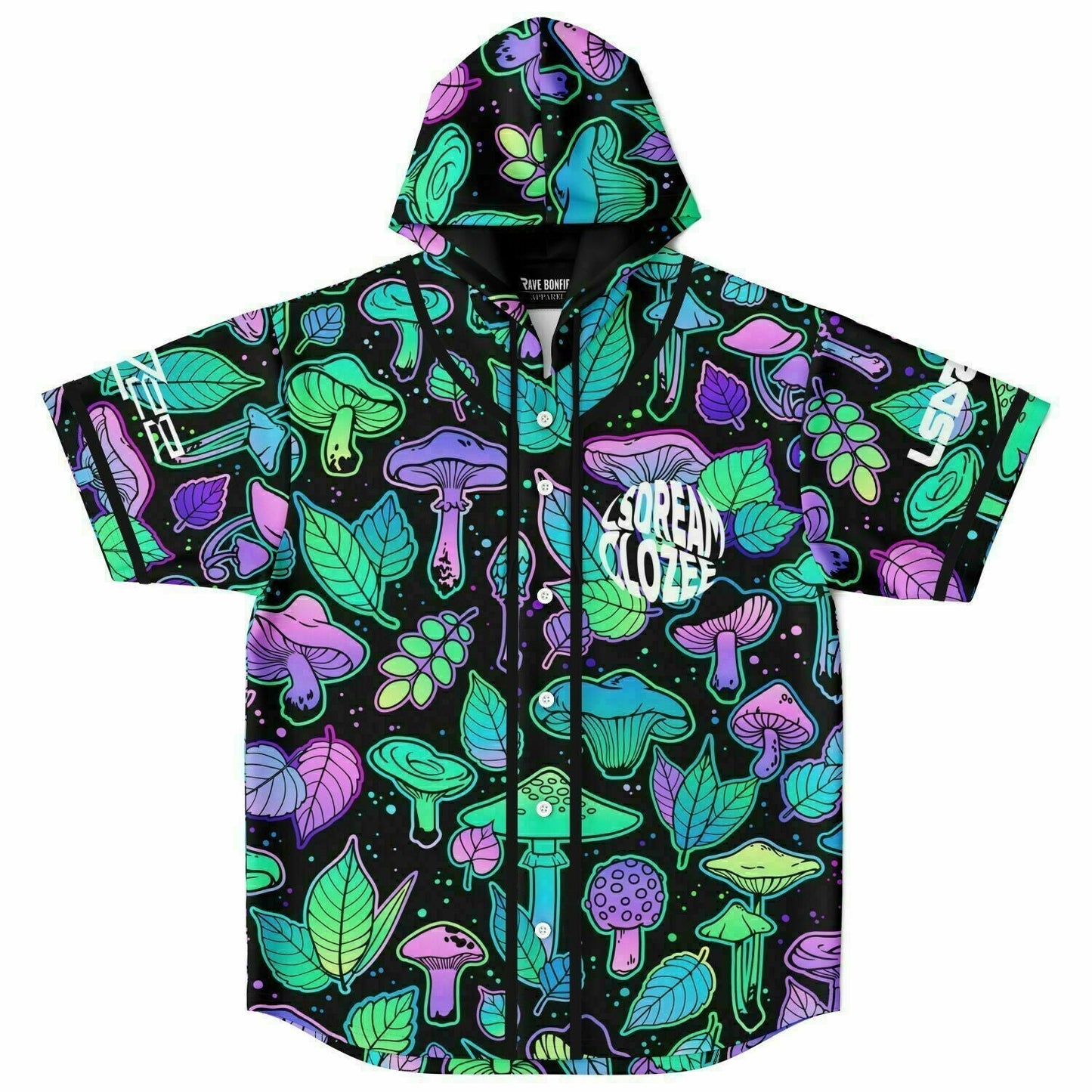 Black Psychedelic Mushrooms Rave Hooded Baseball Jersey