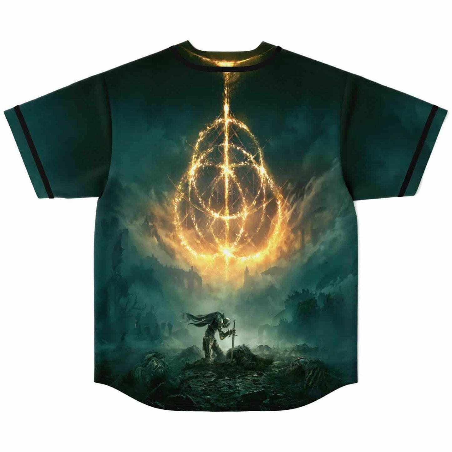 Dark Teal Flaming Ringed Rave Baseball Jersey