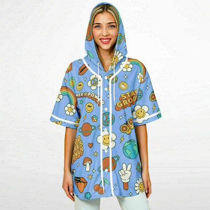 Sky Blue Retro 70S Rave Hooded Baseball Jersey