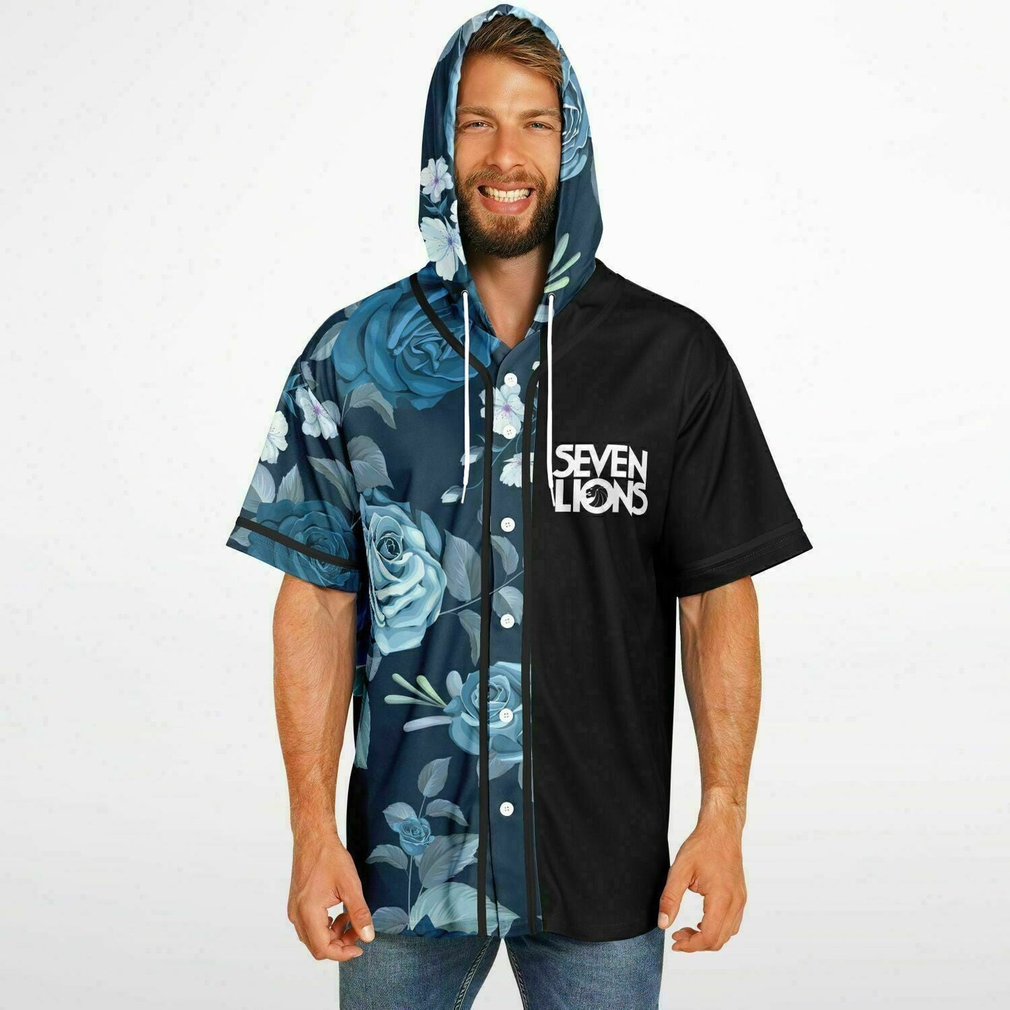 Seven Lions Black Blue Roses Rave Hooded Baseball Jersey
