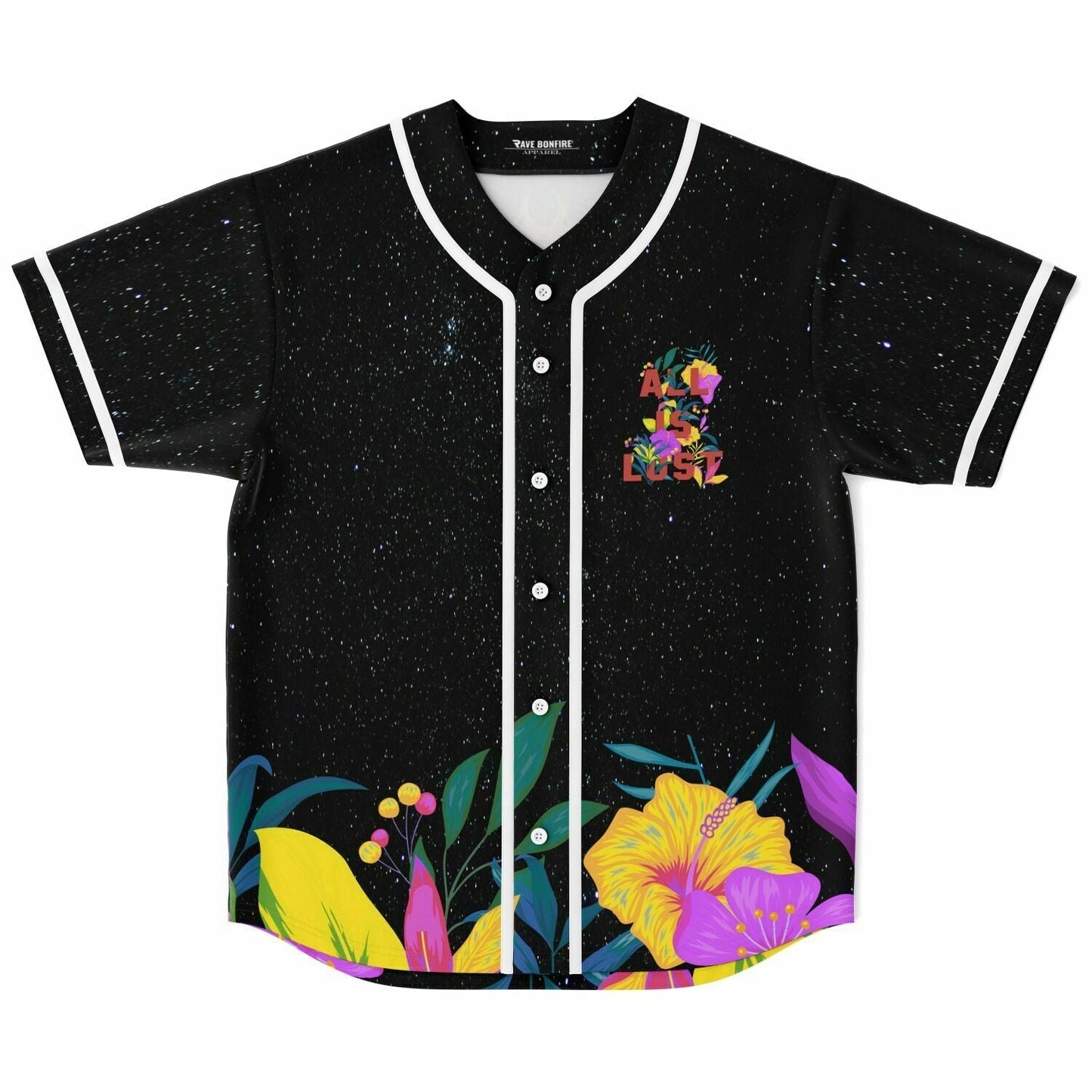 Black Starry Tropical Hibiscus Rave Baseball Jersey