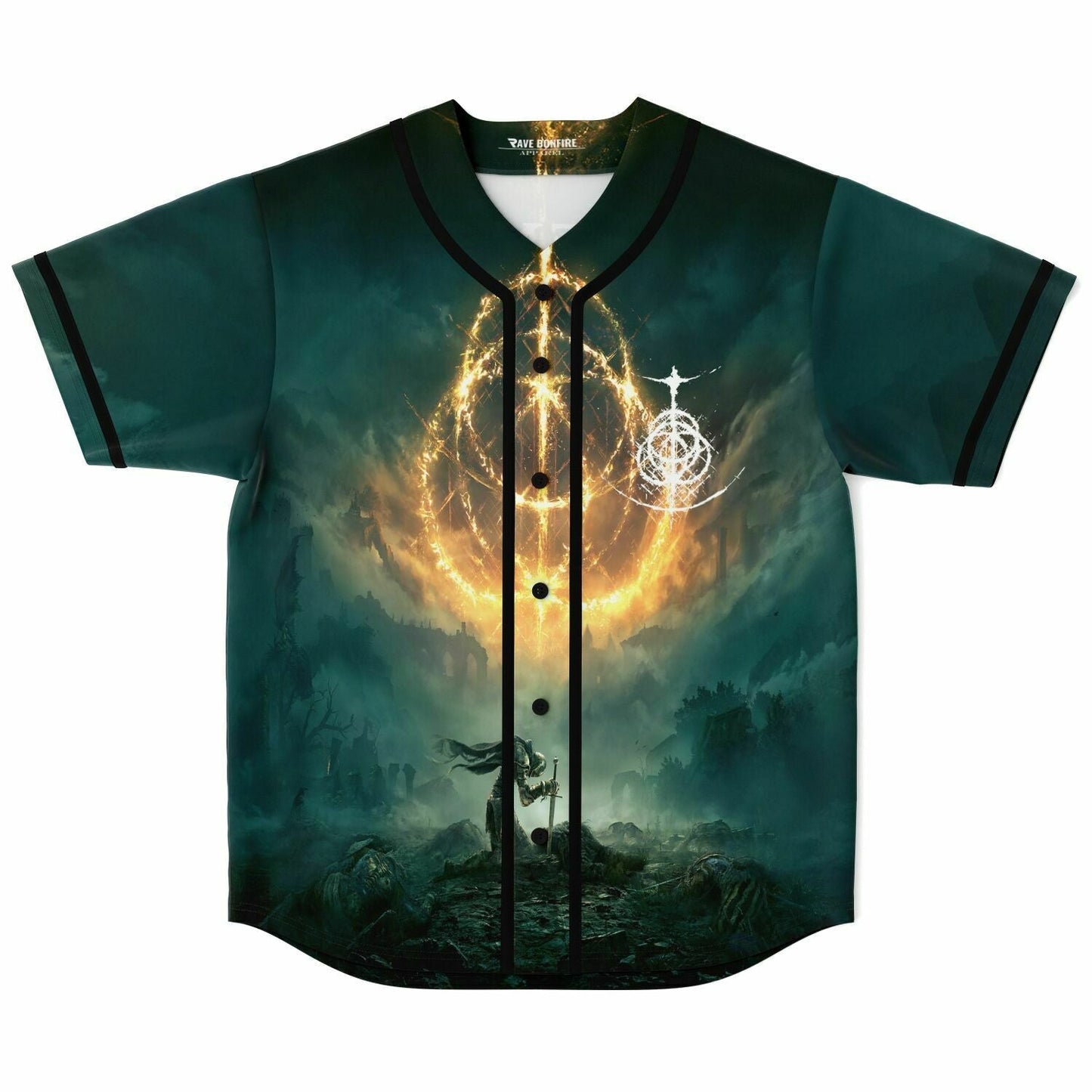 Dark Teal Fiery Golden Rave Baseball Jersey
