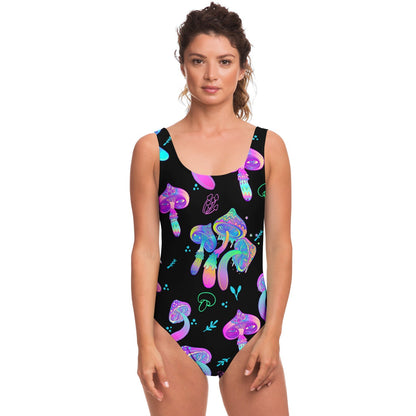 Black Psychedelic Mushrooms Rave Swimsuit