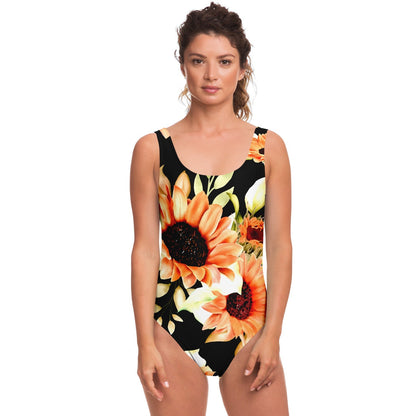 Black Watercolor Sunflower Rave Swimsuit