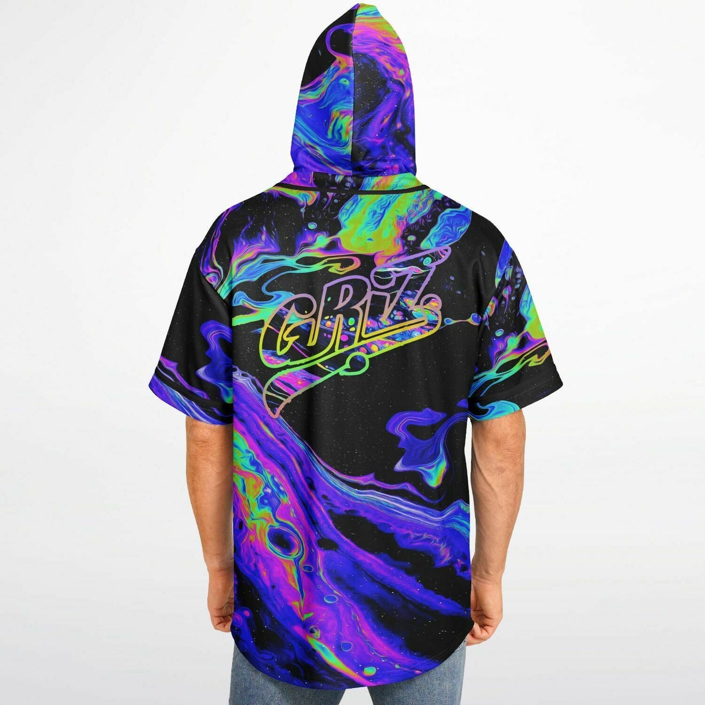 GRiZ Black Psychedelic Oil Rave Hooded Baseball Jersey